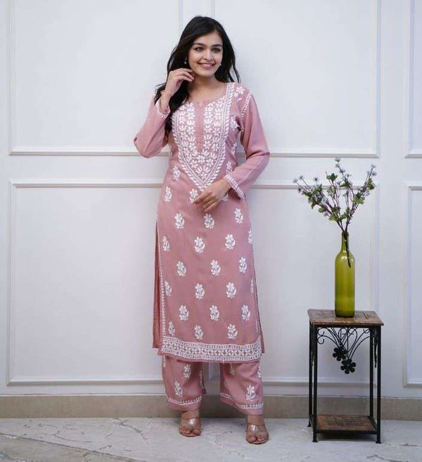 Heavy chikan work co-ordinated kurti pant set Eraya