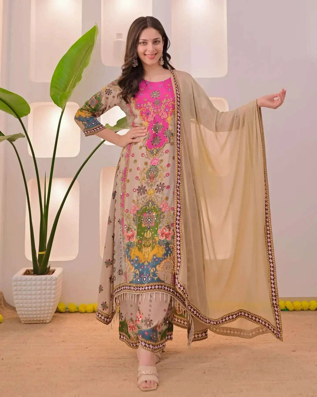 Noor-e-mahal golden beige festive suit (set of 3)