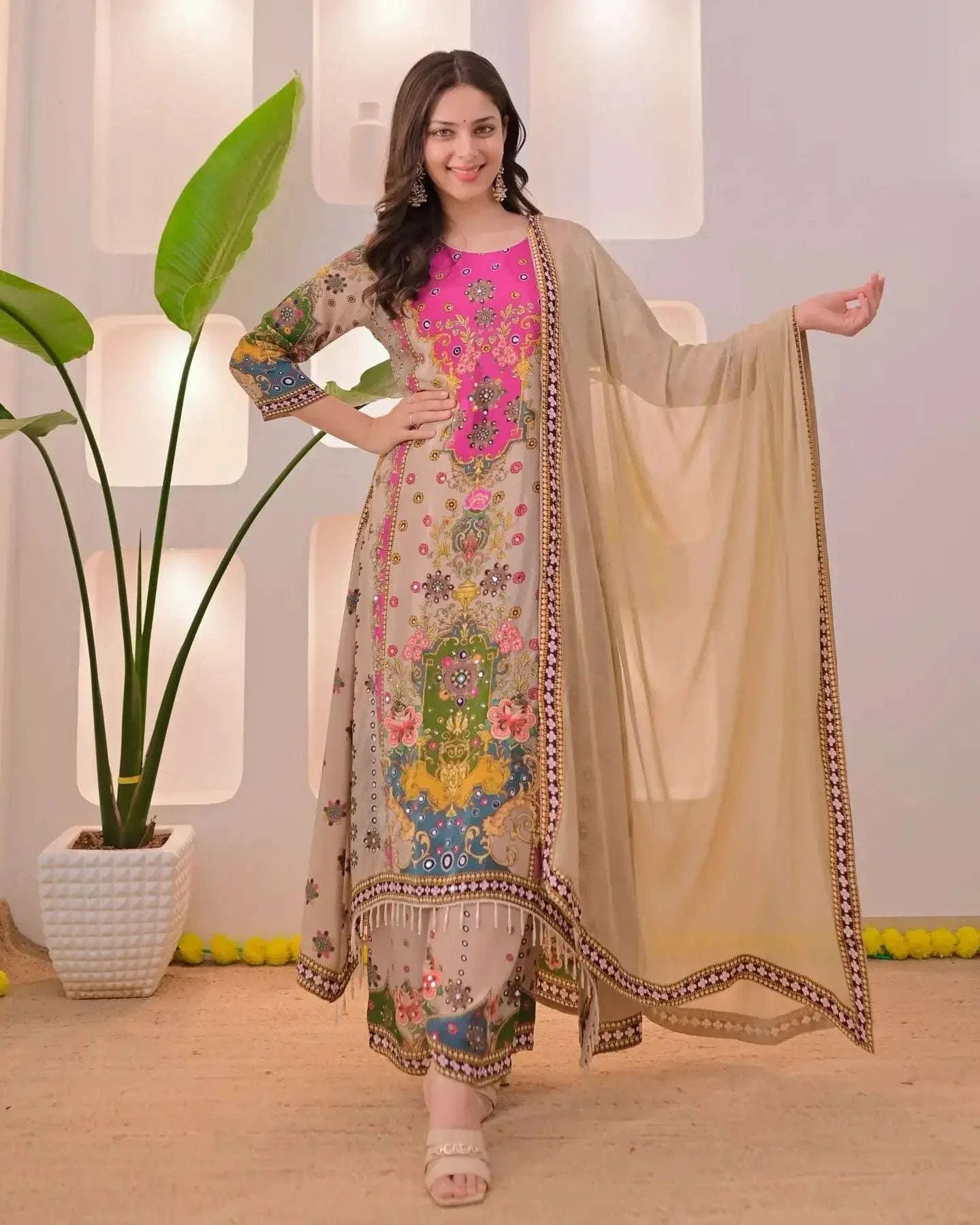 Noor-e-mahal golden beige festive suit (set of 3) Main image
