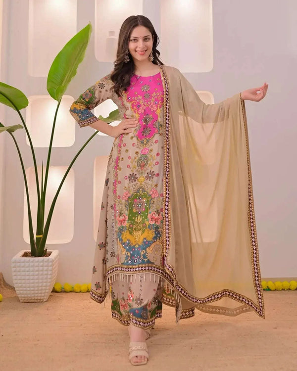 Noor-e-mahal golden beige festive suit (set of 3)